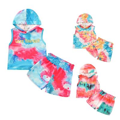 China High quality summer child size sleeveless tie dye more clothing love each other kids top hoodie two piece sets for sale