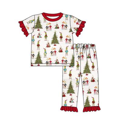 China QUICK DRY Pattern Girl Christmas Outfits Boutique Lace Sleeve Baby Clothes Short Pajamas Set for sale