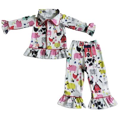 China QUICK DRY Baby Clothes White Long Sleeve Collared Pajamas Set With Lamb And Pig Pattern Kids Pajamas for sale