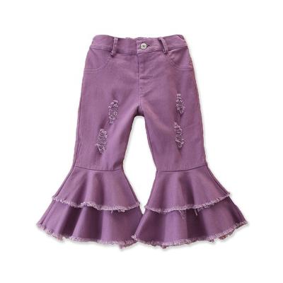 China Color Fade Proof Girl RTS Toddler Little Girls Jeans Bell-Bottom Ripped Ruffle Rocket Pants Trousers For 3-8 Years Kids for sale