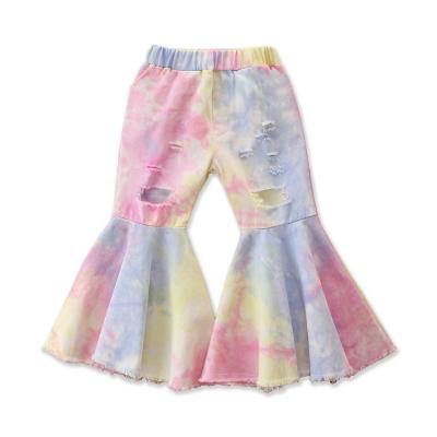 China Anti-wrinkle baby toddler girls boutique ruffle pants leopard print tie dye jeans girls bell pants for sale