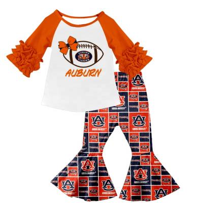 China Drop boutique casual outfits ruffle sleeve color raglane orange football team bell bottom pants kids clothes sets wholesale for sale