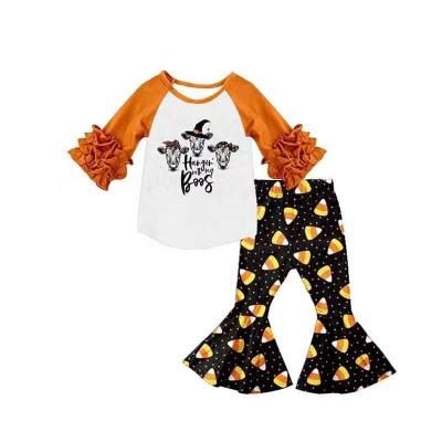 China Boutique sweet outfits fall winter cow heifer print T-shirt candy corn print bell bottoms kids dress sets for sale