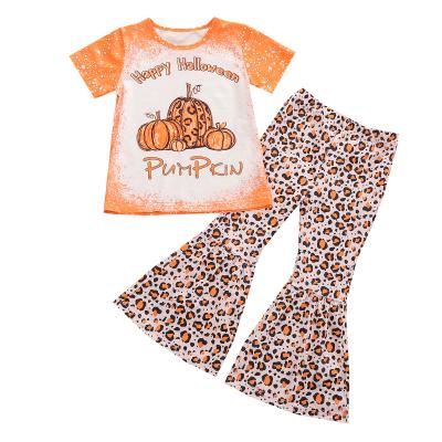 China Casual Fashion Boutique Kids Girl Clothing Outfits Halloween Pumpkin Printed Tops Matching Sets Leopard Bell Bottoms for sale