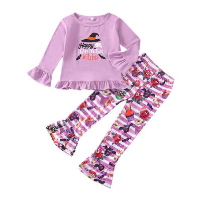 China Halloween Casual Teams Pink Ghost Stripe Print Bell Bottom Long Sleeve Top Kids Clothing Sets Wholesale for sale