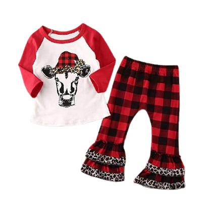 China Christmas Tree Printing Kids Girl Boutique Equipment Icing Beehive Sleeve Casual 2pcs T-shirt Baby Beehive Clothing Set for sale