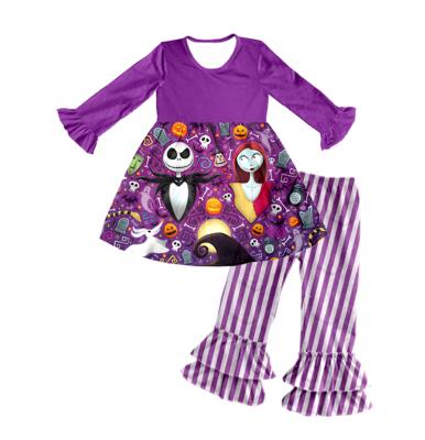 China Halloween Outfits Halloween Ghost Bride Pattern Top Purple Striped Ruffled Pants Girl Sets for sale