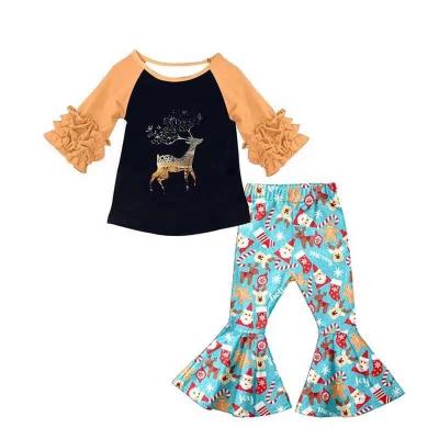 China Fall Boutique Casual Outfits Ruffles Long Sleeve Bell Bottom Pants Kids Christmas Raglan Top Sets for sale