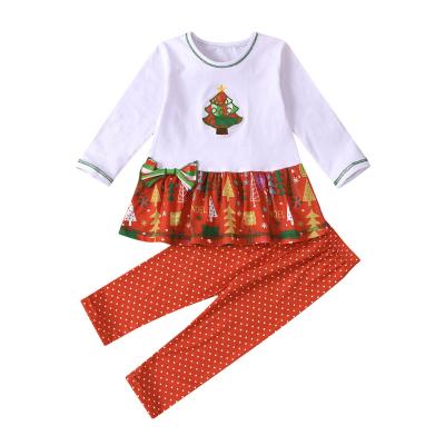 China Embroidery Casual Cotton Christmas Tree Long Sleeve and Boutique Dots Print Pants Girls Dress Sets for sale