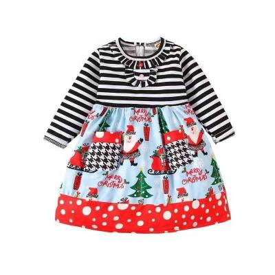 China Wholesale Washable Dress Christmas Winter Girl Dress Santa Pattern Kids Clothes Striped Long Sleeve Dresses for sale