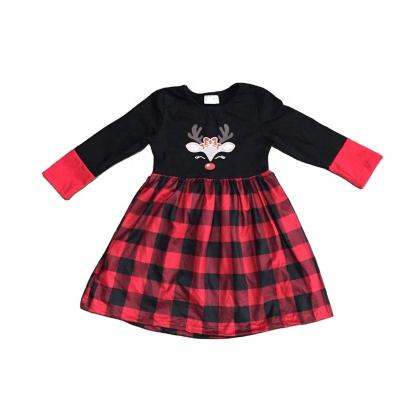 China Washable Christmas Dress Boutique Plaid Gingham Elk Embroidery Knee Length Red Black Cotton Dress for sale