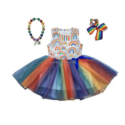 China Washable Baby Kids Clothes Milk Silk Cotton Knee Length Rainbow Print Ruffles Sleeveless Lightweight Dress for sale