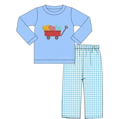 China New Design Valentine Heart Print Children's Long Sleeve Plaid Child Casual Pant Suit Baby Boy Clothes Sets for sale