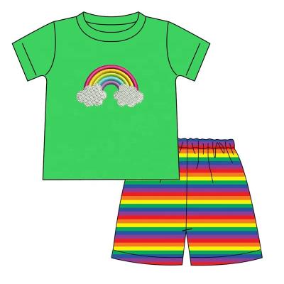 China New Arrival Customized Boys Rainbow Embroidery Summer Clothing Casual Set Colorful Striped Kid Boys Shorts Set for sale