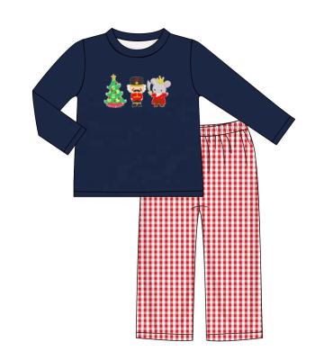 China Kids Casual Boutique Outfits New Design Christmas Tree Embroidery Long Sleeve Plaid Top Pants Family Matching Outfits for sale