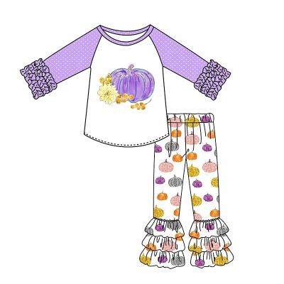 China Chic prairie girls boutique flared sleeve tops with pumpkin cartoon pattern and lace design with flared pants suit for sale