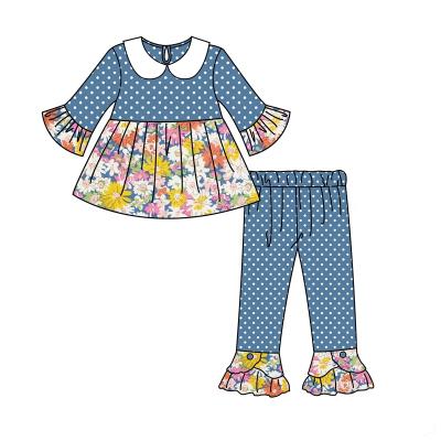 China Prairie Chic Girl's Print Long Sleeve Pattern and Lace Pattern with Petal Pants 2 Piece Set for sale