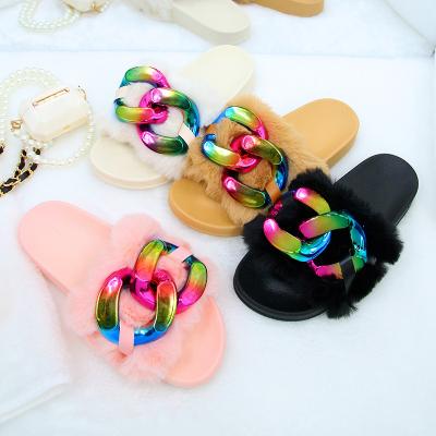 China Fashion Trend High Quality Faux Fur Slippers Shape Soft Fur Slides For Women Plush Ladies Sexy Chain Sandals for sale