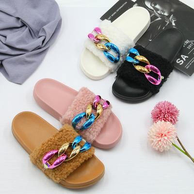 China Fashion Trend Plush Slippers Wholesale Solid Color Women Slippers Fluffy Plush Black Fur Hairy Slips Bedroom Slipper for sale