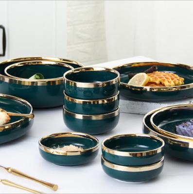 China Disposable gilt Nordic dark green luster ceramic tableware set dishes simple household and hotel dishes restaurant special wholesale for sale