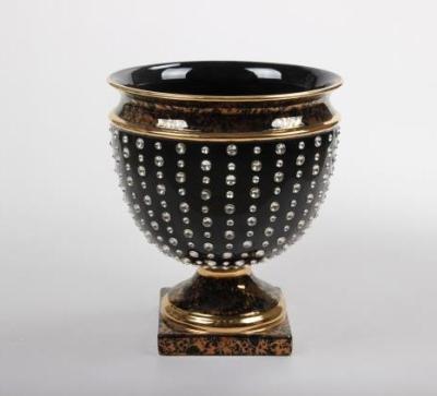 China Europe style black diamond ceramic vase with feet high gold flowers living room decorations for sale