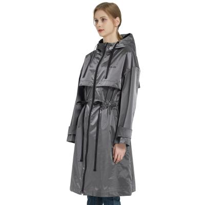 China Light Weight Anti-Wrinkle Women Long Tunic Quick Dry Metallic Trench Coat Rainproof Hooded Anorak Jacket for sale