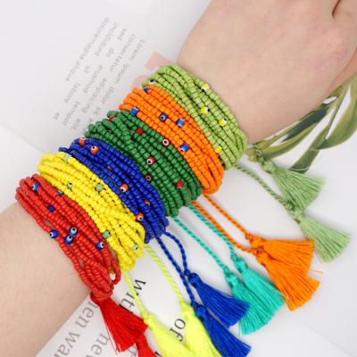 China BC1096 Bohemian BOHEMIA Style Round Evil Eyes Charm Bracelets, Multi Layered Tiny Seed Beaded Evil Eyes Tassel Bracelet Jewelry for sale