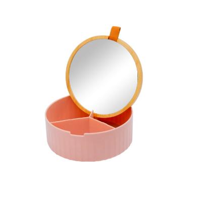 China Contemporary Square and Round Pink Bamboo Cosmetics Storage Mirror Box Small Makeup Case Plastic Made Dresser for sale