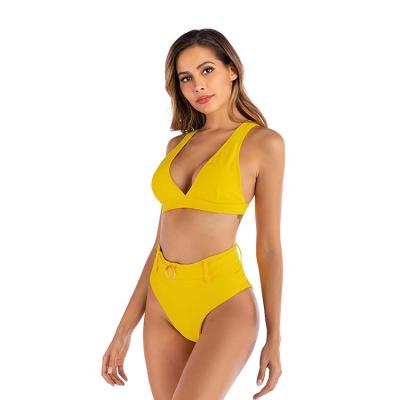 China Summer non-toxic yellow ribbed swimsuit polyester fashion photo bikini two-piece model for sale