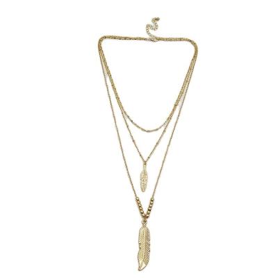 China Factory Fashion Custom Three-Layer Alloy Sweater Chain Feather Leaf Jewelry Necklace TRENDY for sale