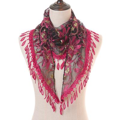 China New Beautiful Polyester Colors Veil Muslim Scarf Embroidery Tassel Shawl Triangle Lace Veil Scarf for sale