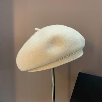 China British Stylish Soft Painter Casual Autumn And Winter Woolen Beret Hats With Pearl Decoration for sale