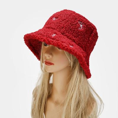 China Fashion Butterfly Embroidery Hats Women Sun Hat Outdoor Soft Velvet Furry Winter Bucket Fisherman Hats for sale