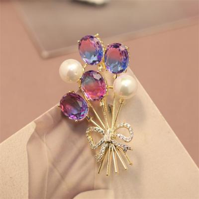 China CZ gradient color elegant balloon brooch ladies bow bouquet brass pins for sale