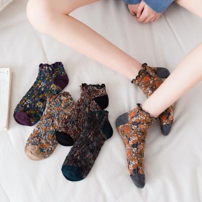 China New Retro 3D Style QUICK DRY Stylish Ethnic Flower Ankle Boots Breathable Fancy Cotton Woman Floral Ankle Socks for sale