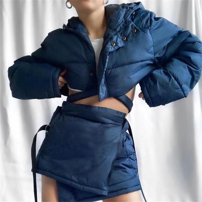 China Yisan W21S04304 Fall 2021 Sustainable Women Clothes Hooded Crop Top Stripper Jacket 2 Pieces Set Women for sale