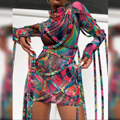 China 2021 Spring Women Mesh Tassel Vestidos Fashion Breathable Mini Dress Printed Long Sleeve Turtleneck for sale