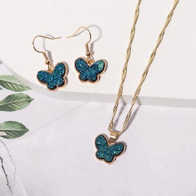 China Wholesale Trendy European American Jewelry Resin Butterfly Choker Gold Necklace Bling Border Pending Earrings 2 Pieces Set for sale