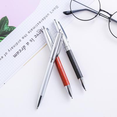 China Hot Selling Handsome Fine Custom Black Blue Writing School Logo Office Supply Metal Leather Ballpoint Pen for sale