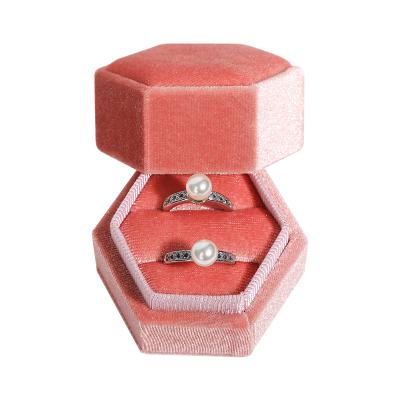 China New Style Fashionable Corduroy Material Multiple Colors Polygonal Double Ring Jewelry Box For Wedding for sale