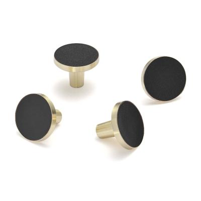 China Modern Luxury Leather Cabinet Pulls Gold Brushed Brass Knobs Solid Brass Cabinet Pulls Leather Puxador Knobs for sale