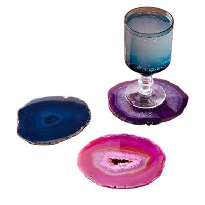 China Viable Hot Selling Natural Blue Black Agate Slice Holder Coaster With Gold Trim For Drinks Cup Holder Gift Set for sale