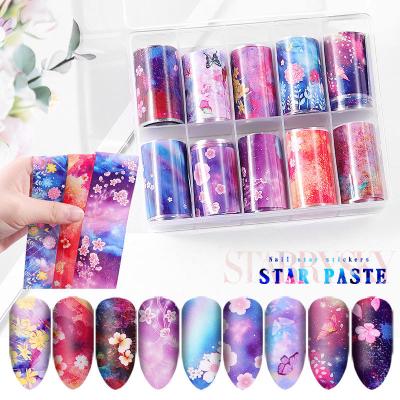 China 10 PCS Eco-friendly Material Nail Foil Sticker Set Holographic Starry Sky Adhesive Envelopes Transfer Glossy Nail Art Sticker Gel Paper Flower Slider for sale