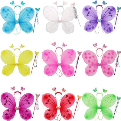 China 2022 Wholesale PET Carnival Butterfly Fairy Wings for Kids with Fairy Magic Wand and Headband 3pc Set for sale