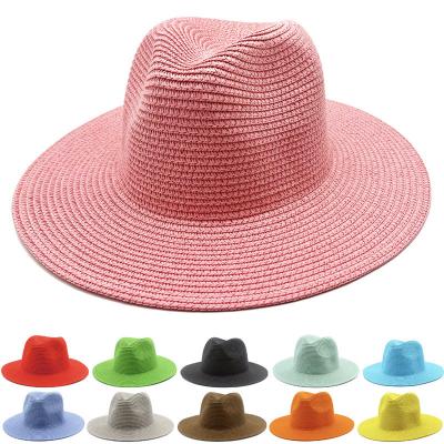 China Wholesale Custom Logo Summer Lady Panama Fedora Striped Straw Hat Wide Brim Roll Up Beach Sun Straw Women and Men for sale