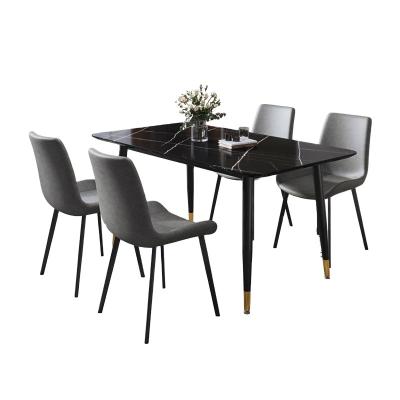 China Modern Slate Marble Rock Top Dining Tables Designs Black Stainless Steel Legs Rectangle Dining Table With 6 Chairs for sale