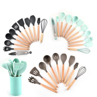 China 12pcs Silicone Kitchen Utensil Stocked Wooden Handles, Kitchen Spatula Sets With Spoon Turner Tongs Kitchen Utensils Holder Set for sale