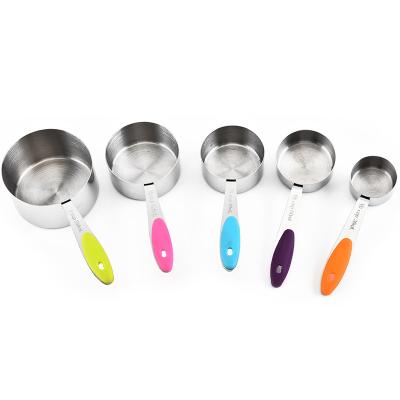 China Stocked Silicone Handle Stainless Steel Measuring Cup and Spoon 5Pcs Set with Graduated Measuring Cup Jigger Set Cooking Tools for sale