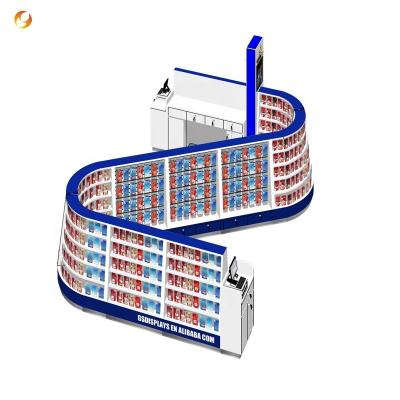 China MDF+Tempered glass+led+metal shopping mall retail s-shaped mobile phone kiosk displays for mall wooden s-shape display kiosk retail showcases for sale