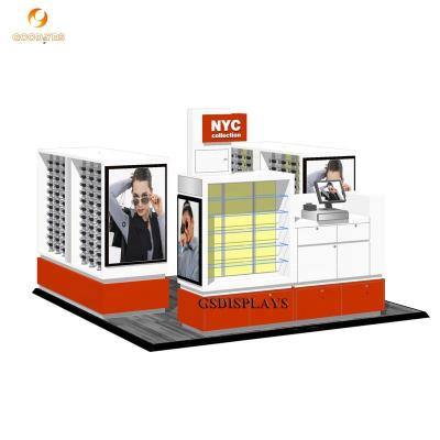 China Unique MDF+Tempered glass+led+metal kiosk design optical display stand sunglasses kiosk manufacturer for optical display stand sunglasses show kiosk for sale